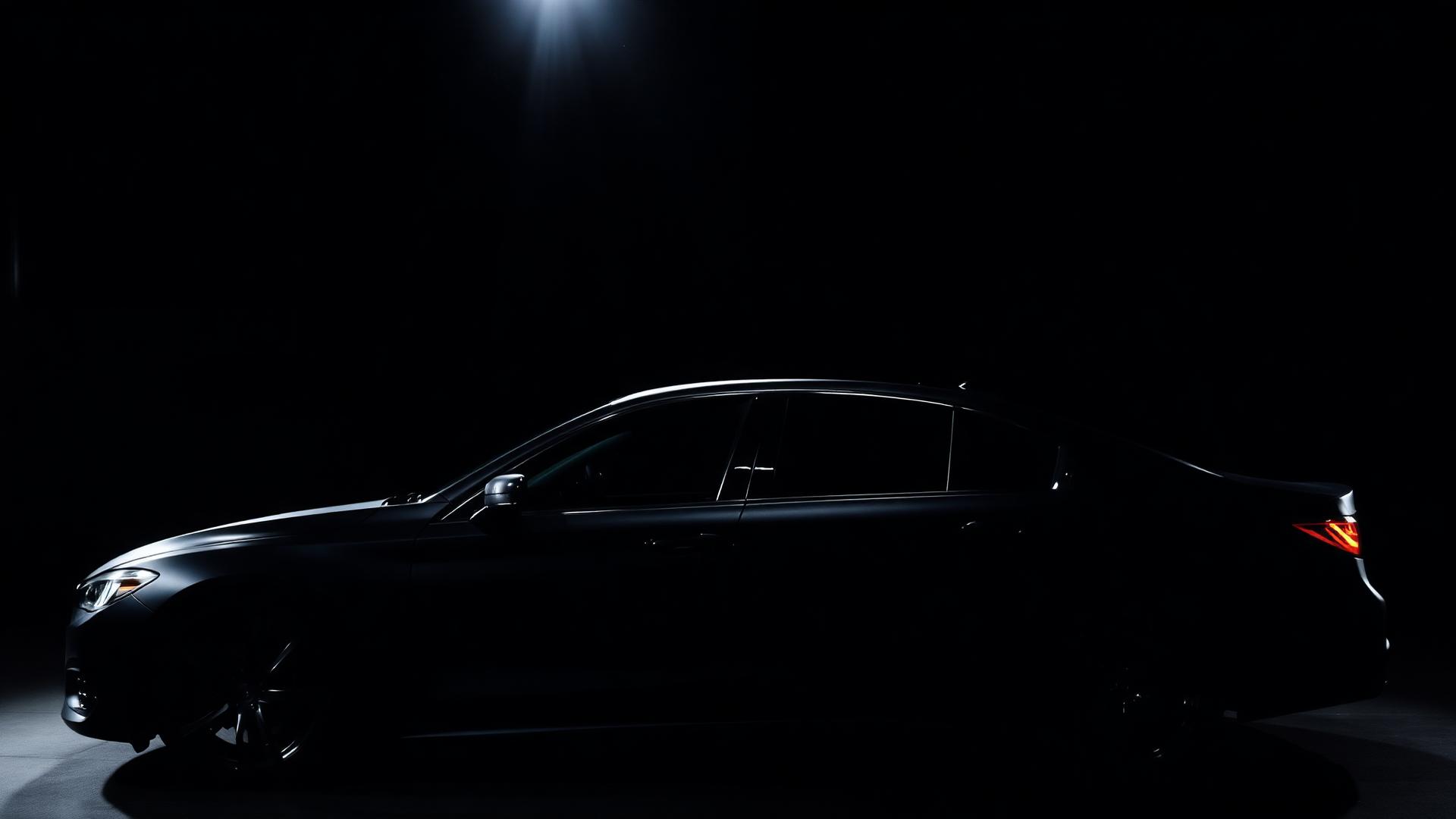 Dark luxury vehicle with ceramic window tint in a detailing bay