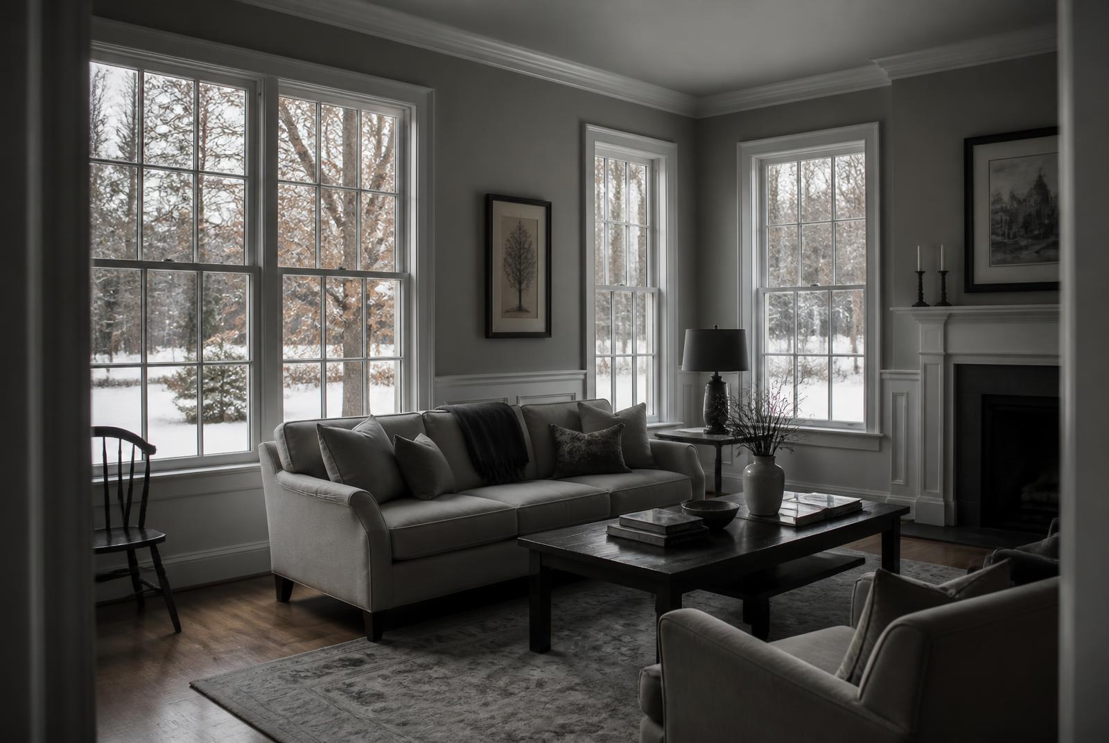 Sunlit living room with large windows treated with heat control window film
