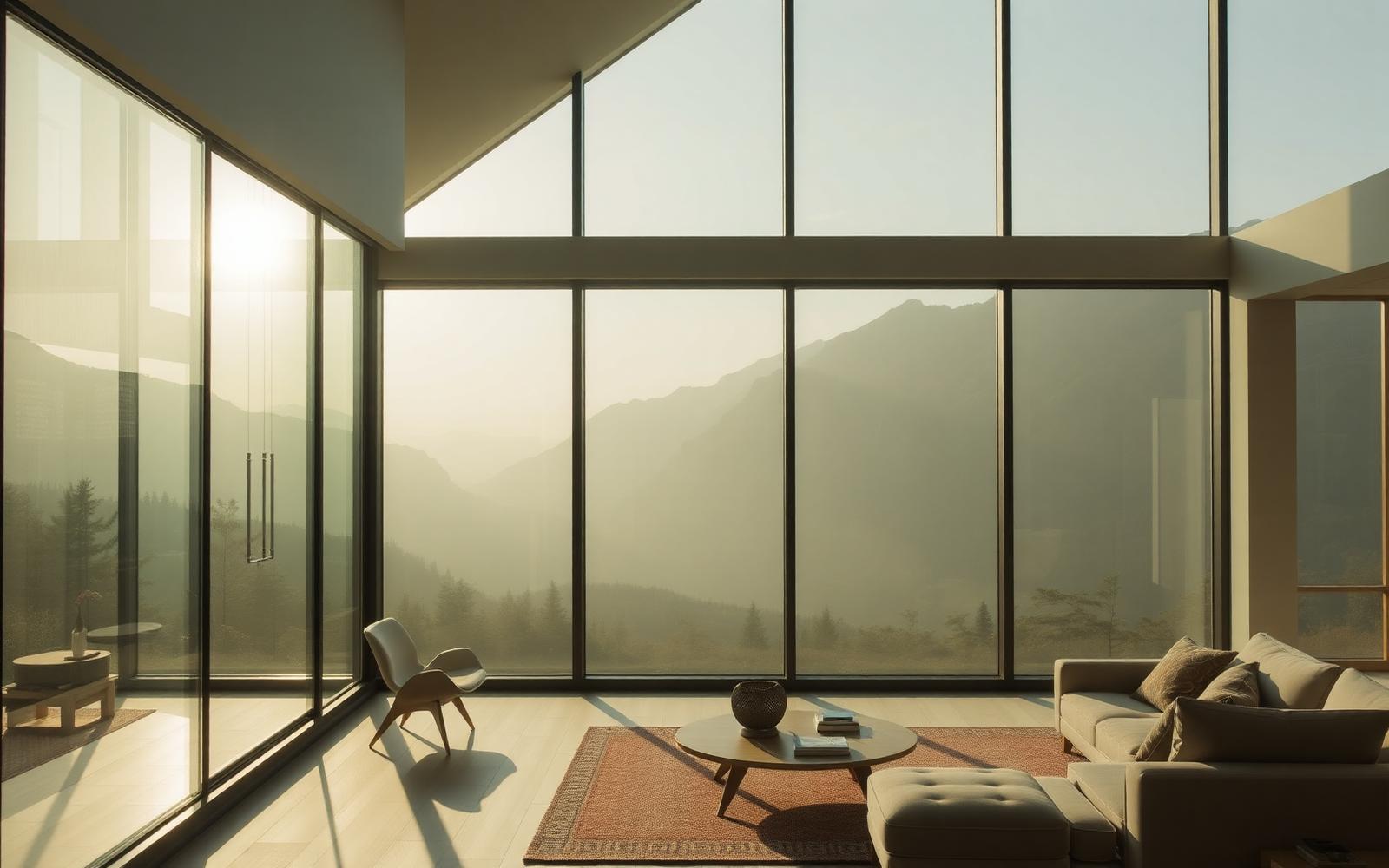 Sunlit living room with large windows treated with heat control window film